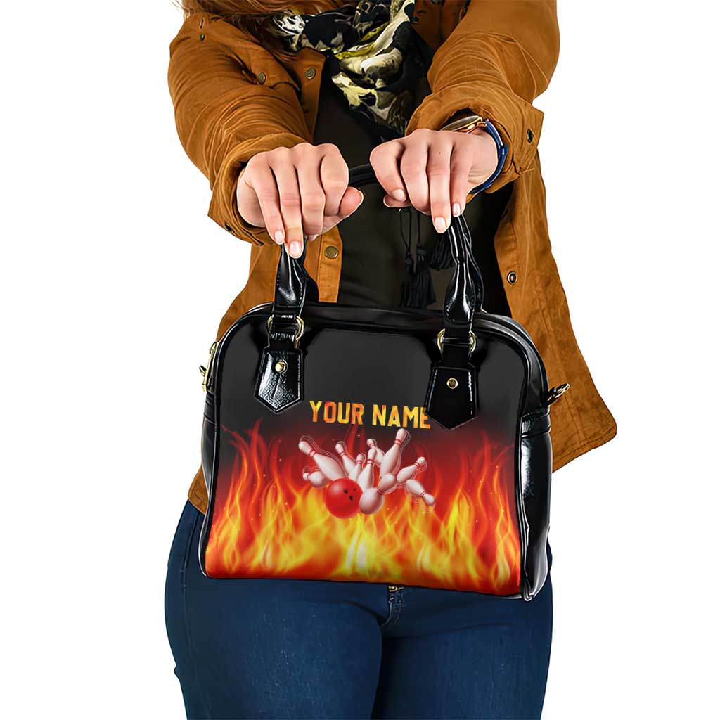 Bowling Ball and Pins Design Shoulder Handbag with Flame Background and Custom Team Name Text - Wonder Print Shop