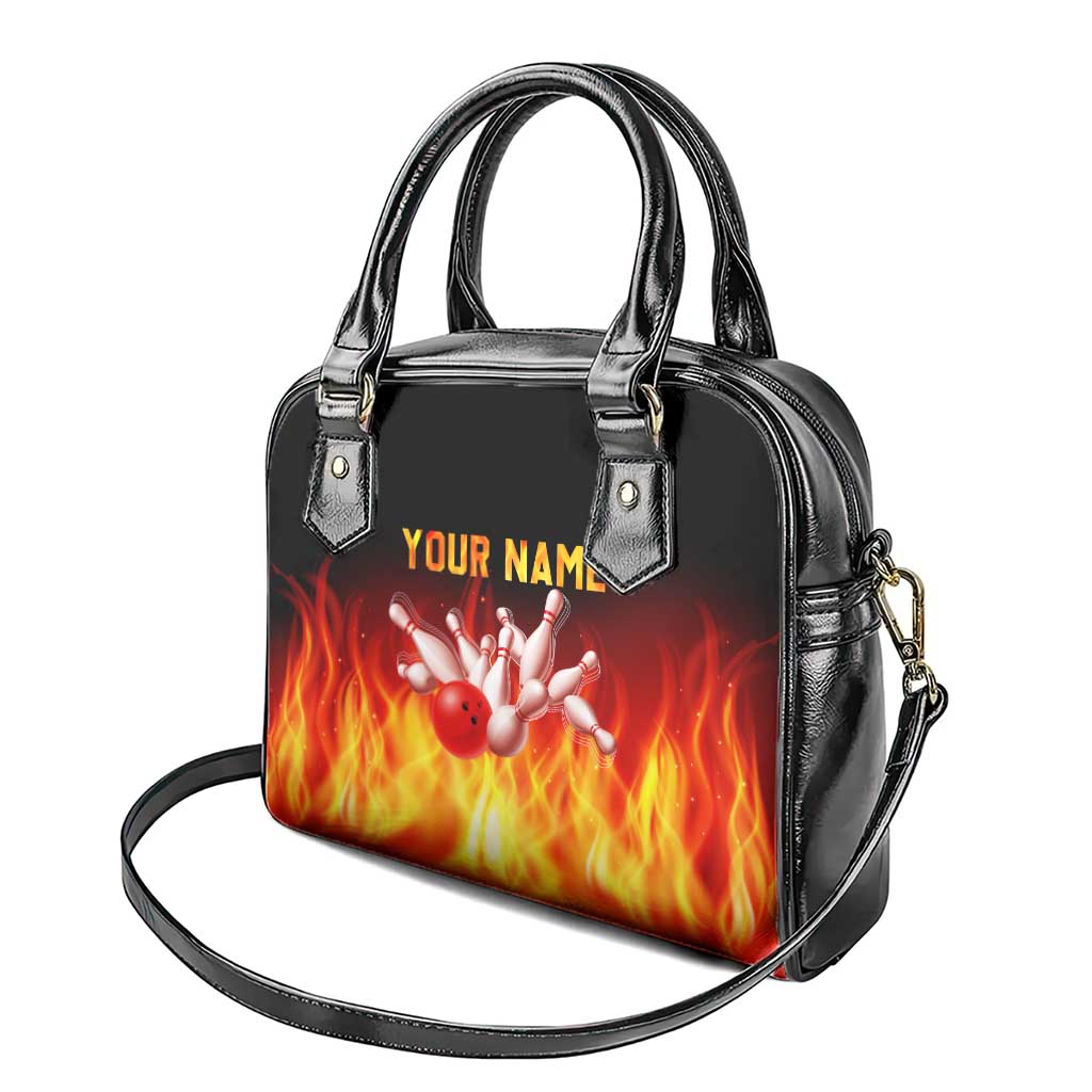 Bowling Ball and Pins Design Shoulder Handbag with Flame Background and Custom Team Name Text - Wonder Print Shop