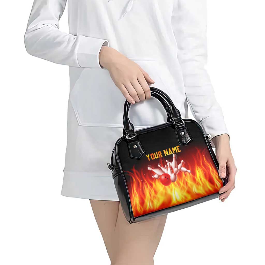 Bowling Ball and Pins Design Shoulder Handbag with Flame Background and Custom Team Name Text - Wonder Print Shop