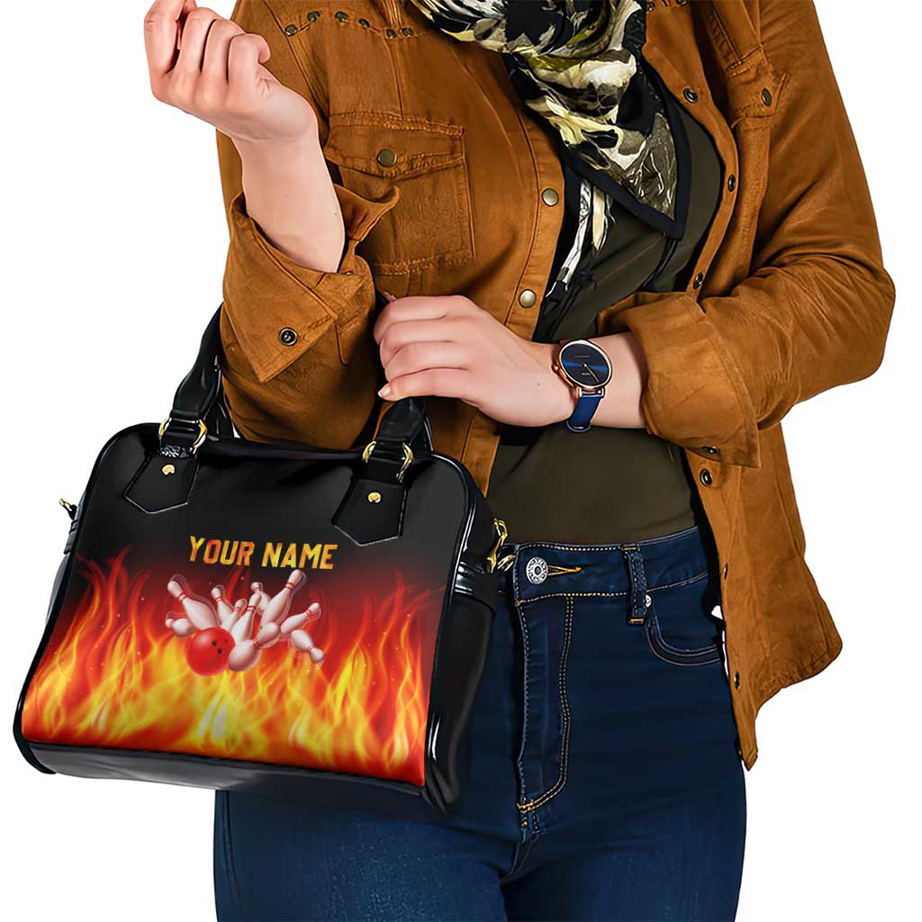 Bowling Ball and Pins Design Shoulder Handbag with Flame Background and Custom Team Name Text - Wonder Print Shop
