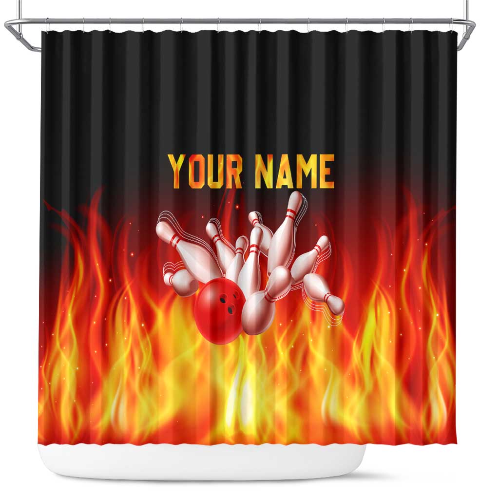 Bowling Ball and Pins Design Shower Curtain with Flame Background and Custom Team Name Text - Wonder Print Shop