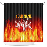 Bowling Ball and Pins Design Shower Curtain with Flame Background and Custom Team Name Text - Wonder Print Shop
