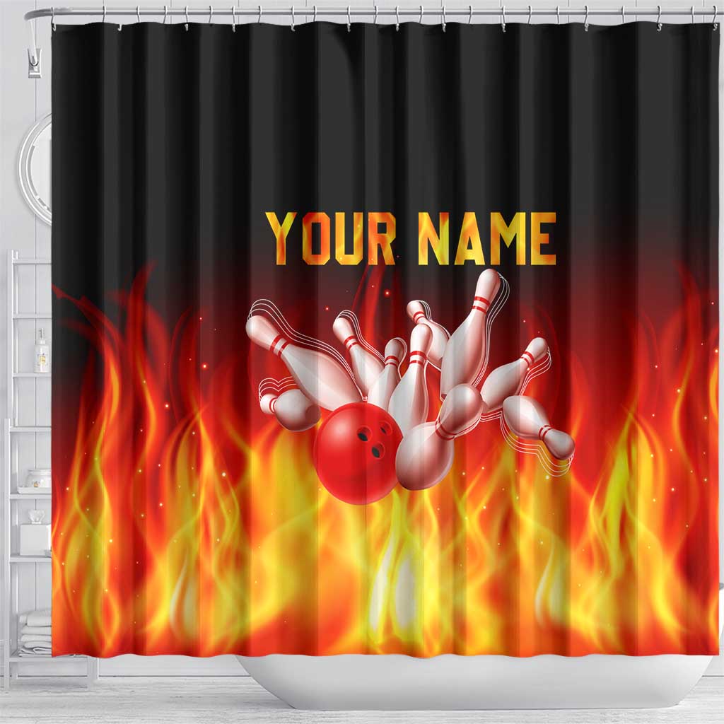 Bowling Ball and Pins Design Shower Curtain with Flame Background and Custom Team Name Text - Wonder Print Shop