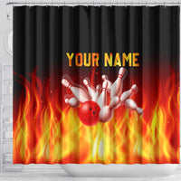 Bowling Ball and Pins Design Shower Curtain with Flame Background and Custom Team Name Text - Wonder Print Shop