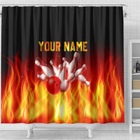 Bowling Ball and Pins Design Shower Curtain with Flame Background and Custom Team Name Text - Wonder Print Shop