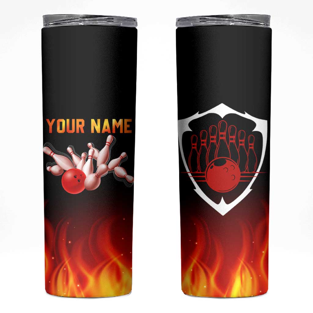 Bowling Ball and Pins Design Skinny Tumbler with Flame Background and Custom Team Name Text - Wonder Print Shop