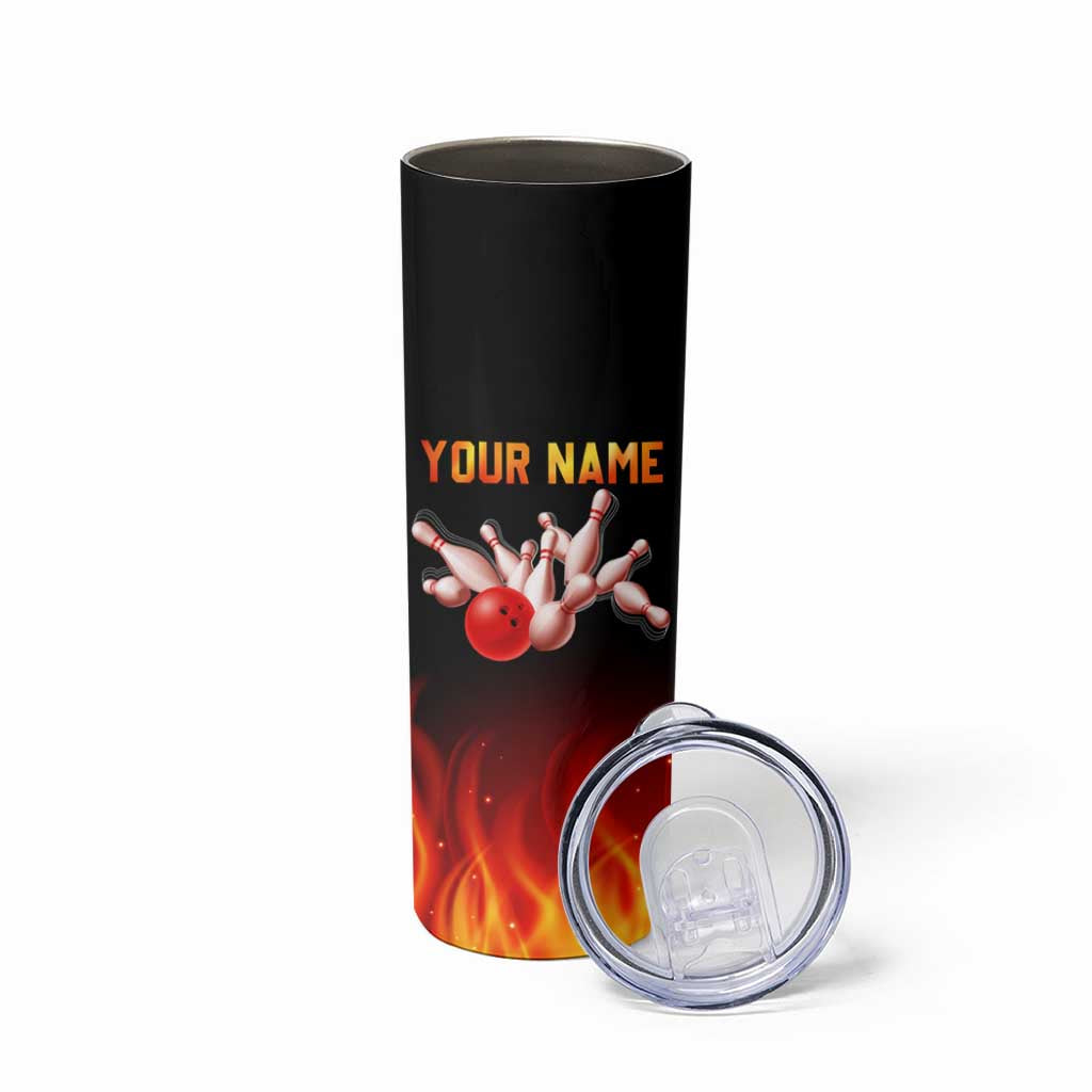 Bowling Ball and Pins Design Skinny Tumbler with Flame Background and Custom Team Name Text - Wonder Print Shop