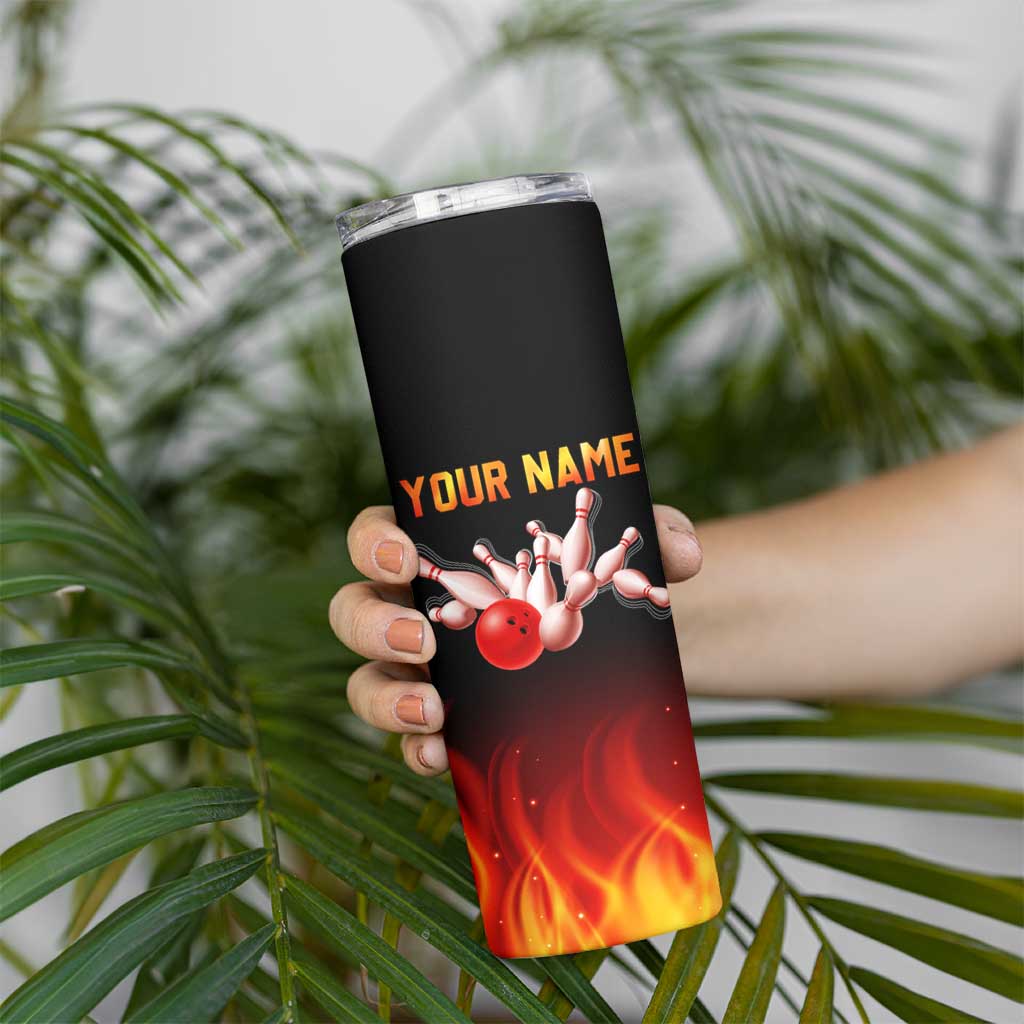 Bowling Ball and Pins Design Skinny Tumbler with Flame Background and Custom Team Name Text - Wonder Print Shop