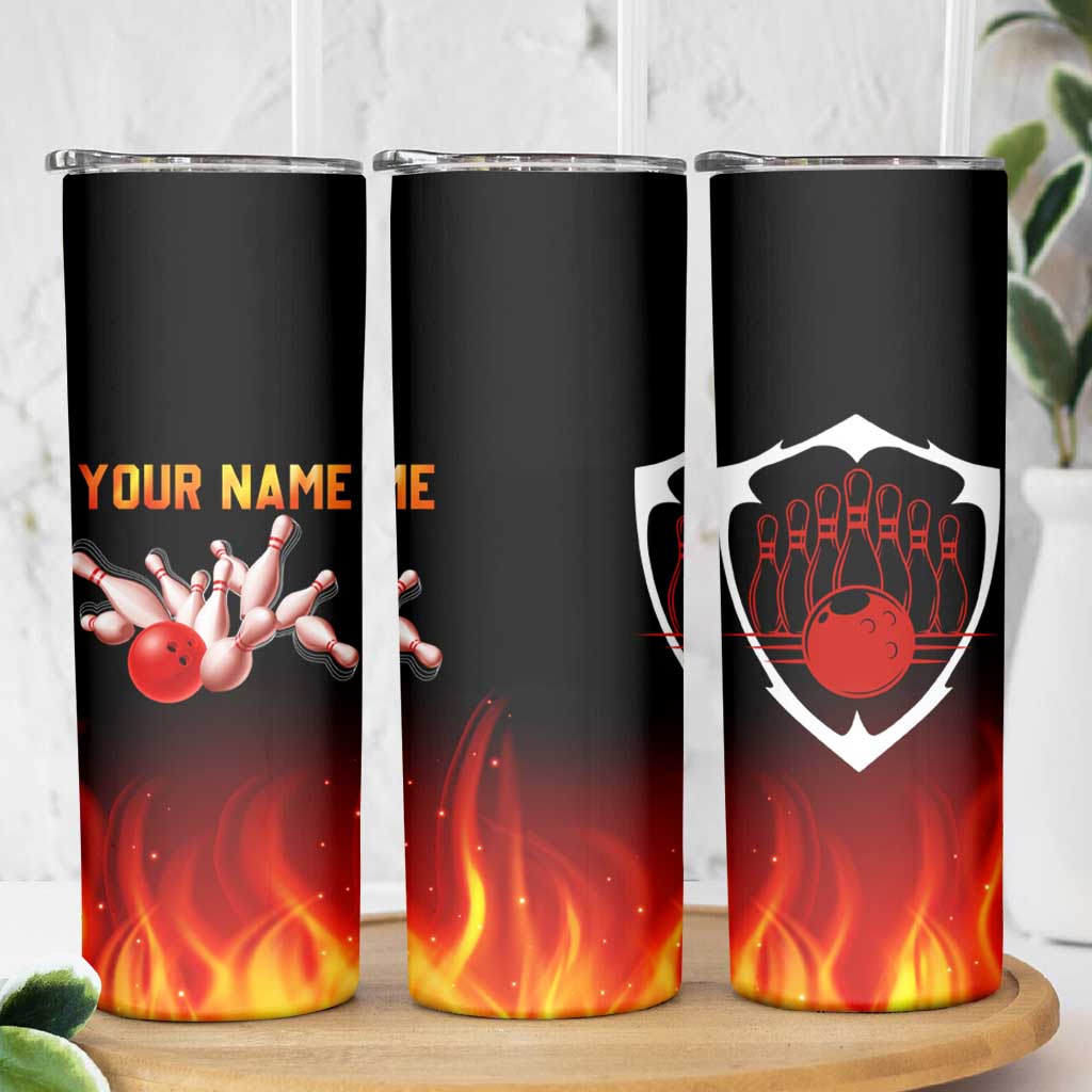 Bowling Ball and Pins Design Skinny Tumbler with Flame Background and Custom Team Name Text - Wonder Print Shop