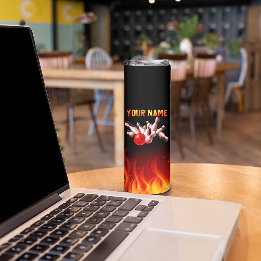 Bowling Ball and Pins Design Skinny Tumbler with Flame Background and Custom Team Name Text - Wonder Print Shop