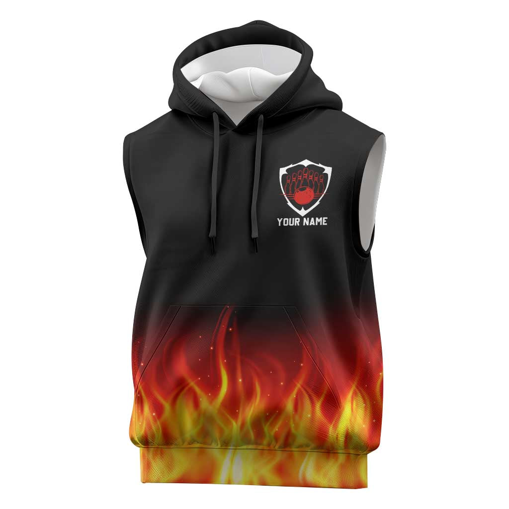 Bowling Ball and Pins Design Sleeveless Hoodie with Flame Background and Custom Team Name Text - Wonder Print Shop