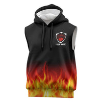 Bowling Ball and Pins Design Sleeveless Hoodie with Flame Background and Custom Team Name Text - Wonder Print Shop