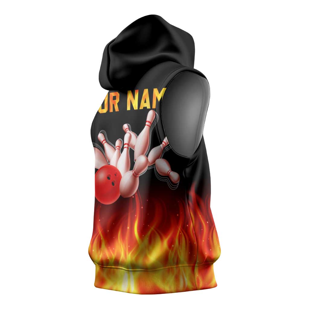Bowling Ball and Pins Design Sleeveless Hoodie with Flame Background and Custom Team Name Text - Wonder Print Shop