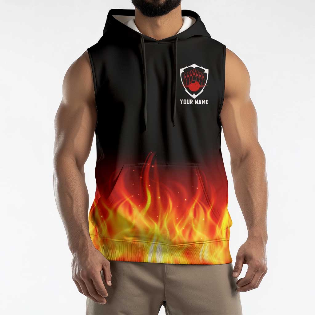 Bowling Ball and Pins Design Sleeveless Hoodie with Flame Background and Custom Team Name Text - Wonder Print Shop