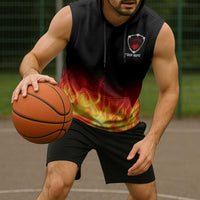Bowling Ball and Pins Design Sleeveless Hoodie with Flame Background and Custom Team Name Text - Wonder Print Shop