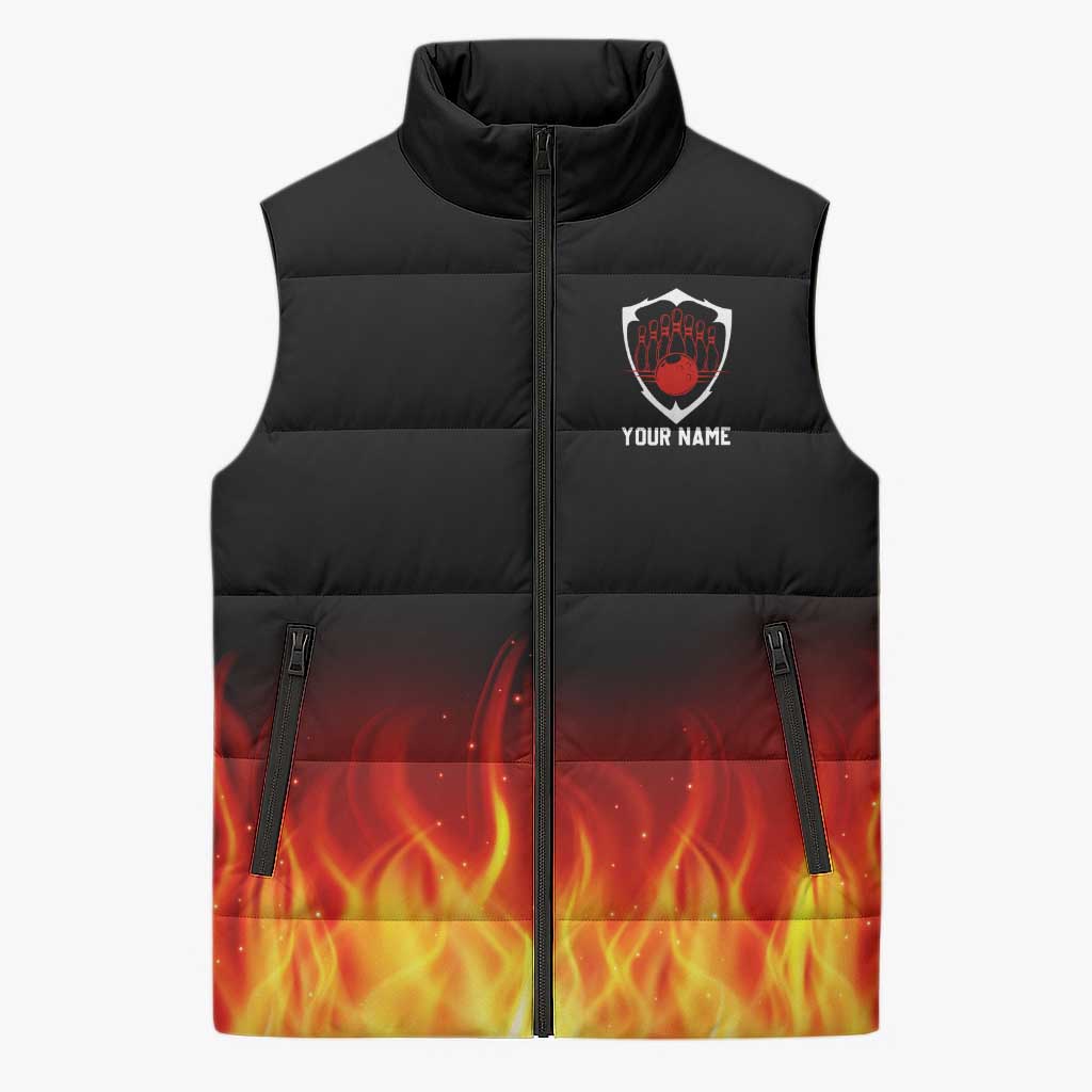 Bowling Ball and Pins Design Sleeveless Puffer Jacket with Flame Background and Custom Team Name Text - Wonder Print Shop