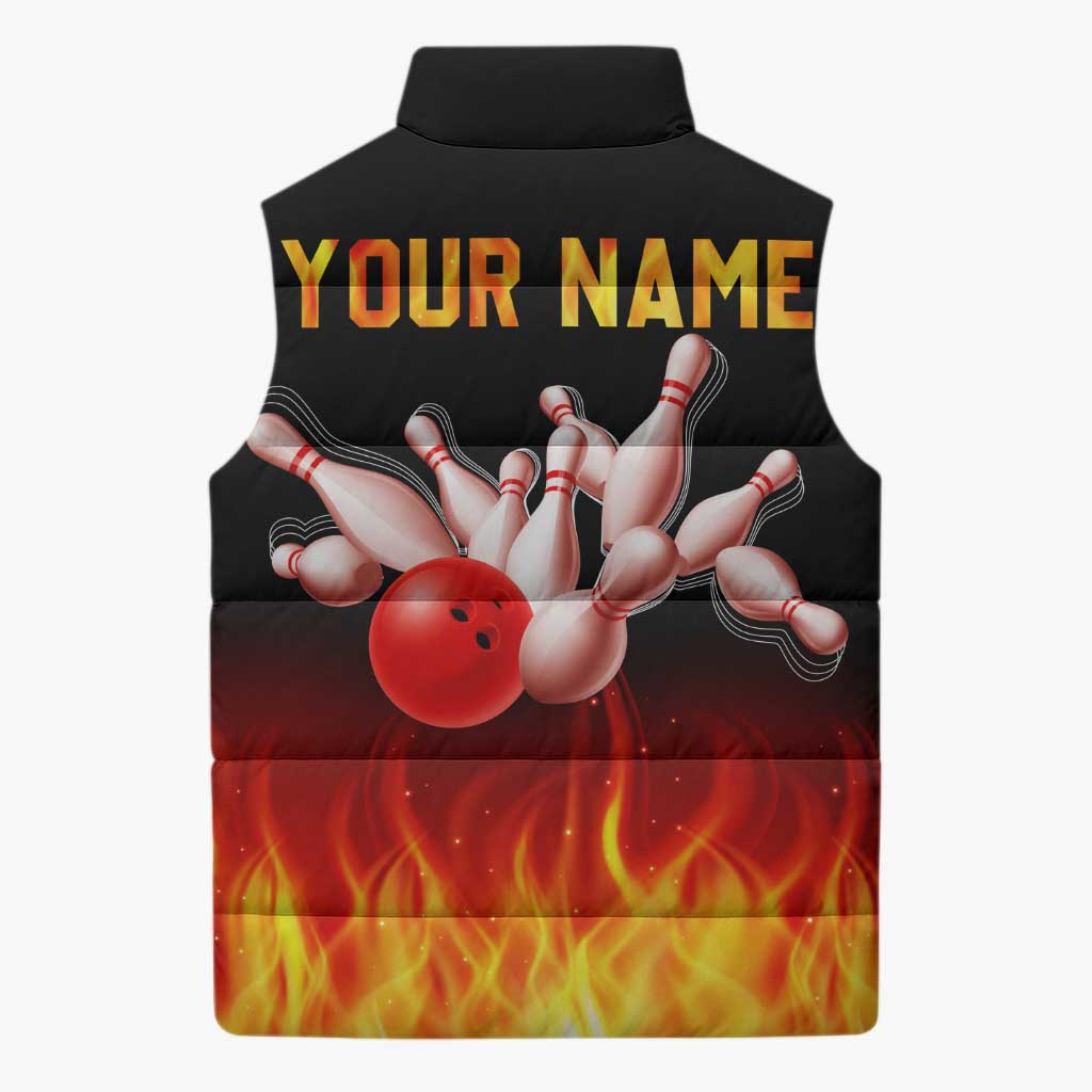 Bowling Ball and Pins Design Sleeveless Puffer Jacket with Flame Background and Custom Team Name Text - Wonder Print Shop