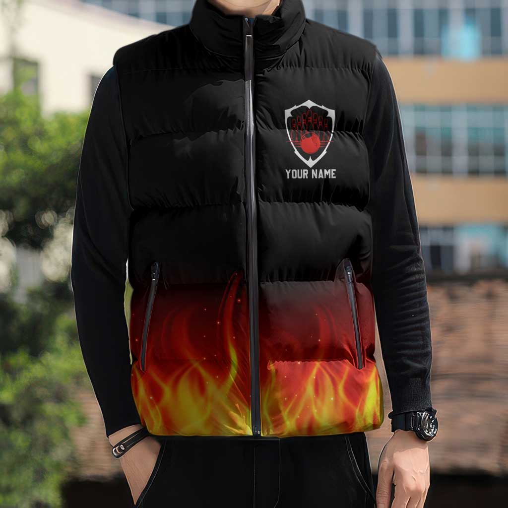 Bowling Ball and Pins Design Sleeveless Puffer Jacket with Flame Background and Custom Team Name Text - Wonder Print Shop