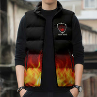 Bowling Ball and Pins Design Sleeveless Puffer Jacket with Flame Background and Custom Team Name Text - Wonder Print Shop