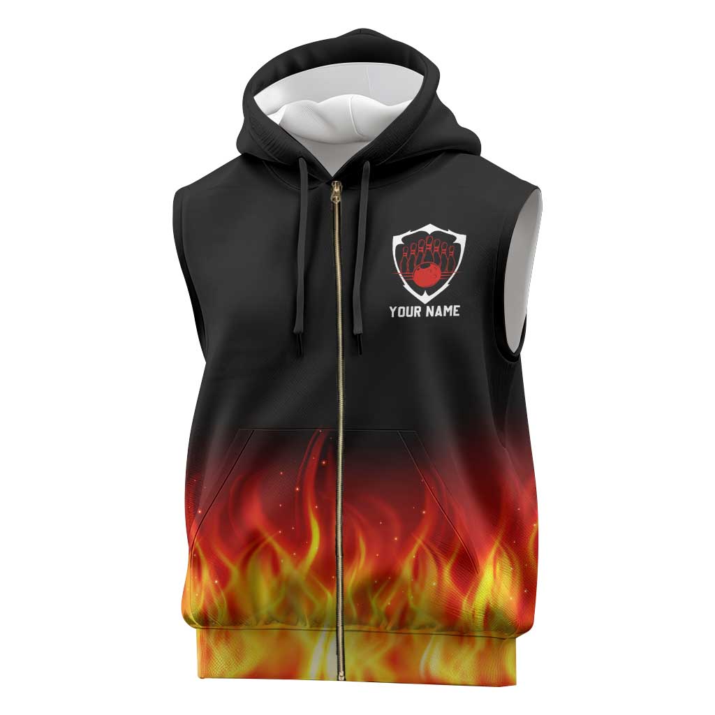 Bowling Ball and Pins Design Sleeveless Zip Hoodie with Flame Background and Custom Team Name Text - Wonder Print Shop