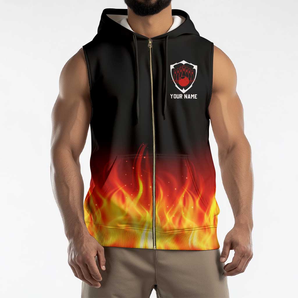 Bowling Ball and Pins Design Sleeveless Zip Hoodie with Flame Background and Custom Team Name Text - Wonder Print Shop