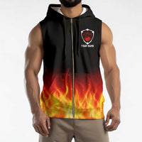 Bowling Ball and Pins Design Sleeveless Zip Hoodie with Flame Background and Custom Team Name Text - Wonder Print Shop