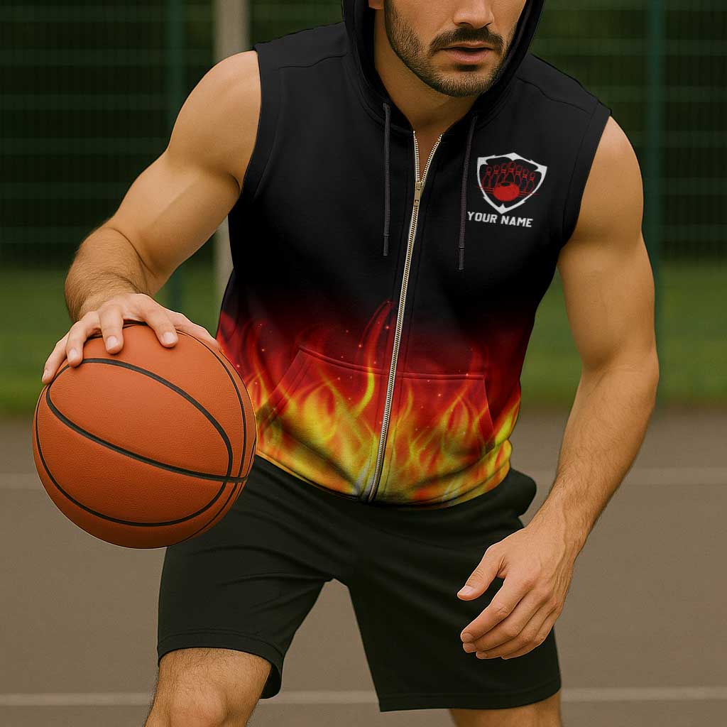 Bowling Ball and Pins Design Sleeveless Zip Hoodie with Flame Background and Custom Team Name Text - Wonder Print Shop