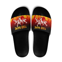 Bowling Ball and Pins Design Slide Sandals with Flame Background and Custom Team Name Text - Wonder Print Shop