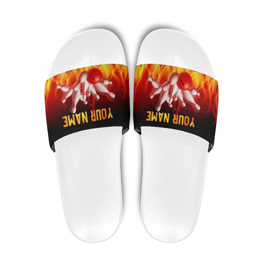 Bowling Ball and Pins Design Slide Sandals with Flame Background and Custom Team Name Text - Wonder Print Shop