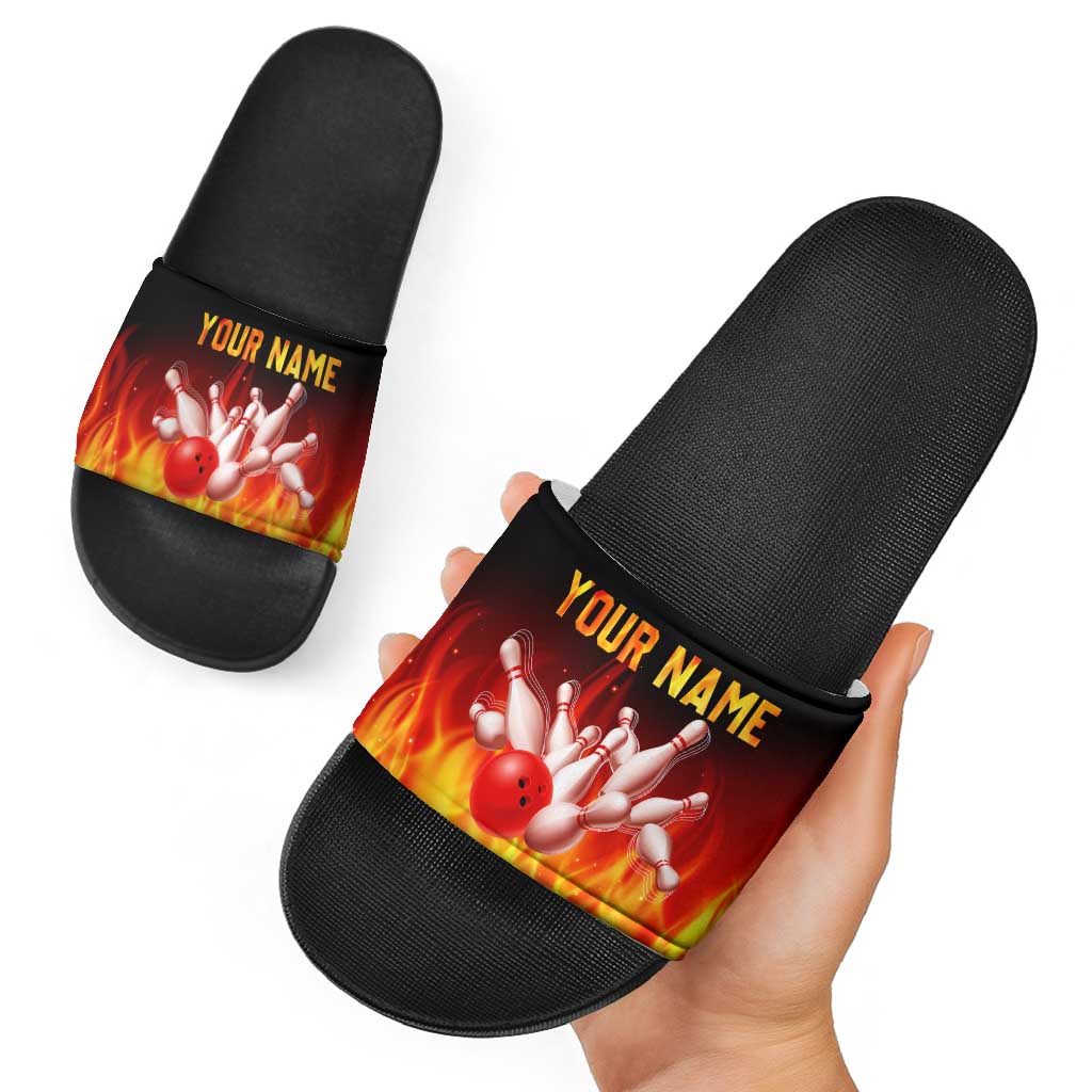 Bowling Ball and Pins Design Slide Sandals with Flame Background and Custom Team Name Text - Wonder Print Shop