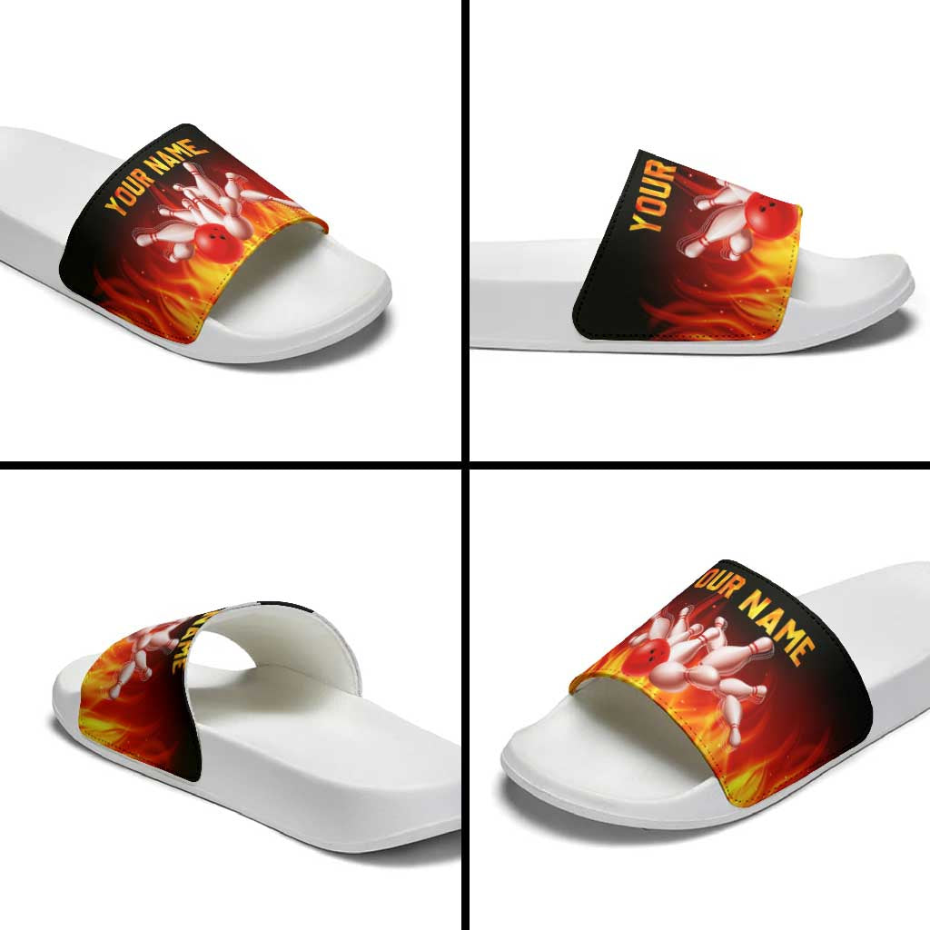 Bowling Ball and Pins Design Slide Sandals with Flame Background and Custom Team Name Text - Wonder Print Shop