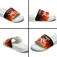 Bowling Ball and Pins Design Slide Sandals with Flame Background and Custom Team Name Text - Wonder Print Shop