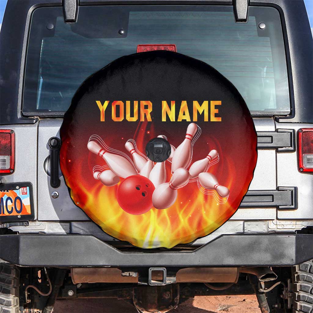 Bowling Ball and Pins Design Spare Tire Cover with Flame Background and Custom Team Name Text - Wonder Print Shop