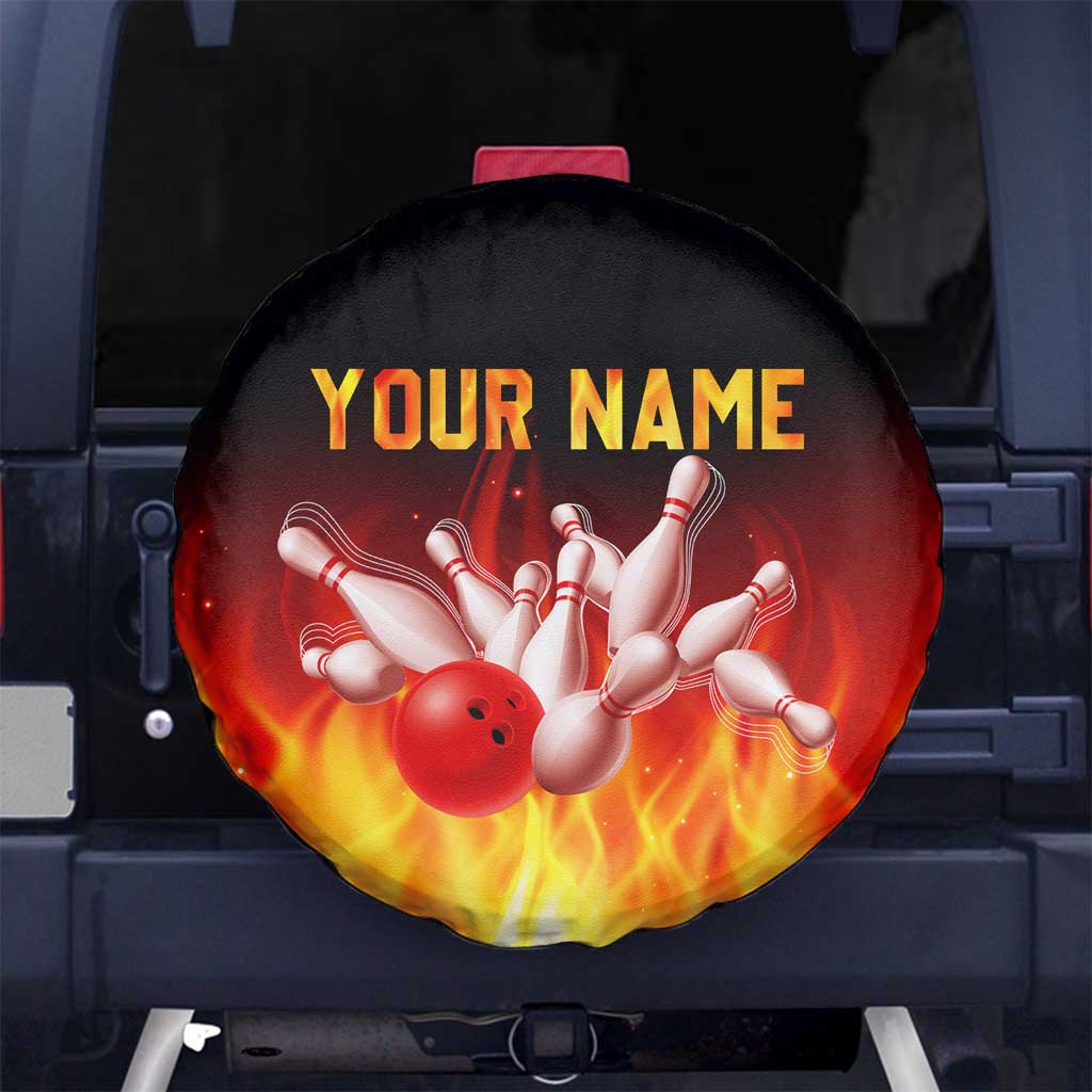 Bowling Ball and Pins Design Spare Tire Cover with Flame Background and Custom Team Name Text - Wonder Print Shop