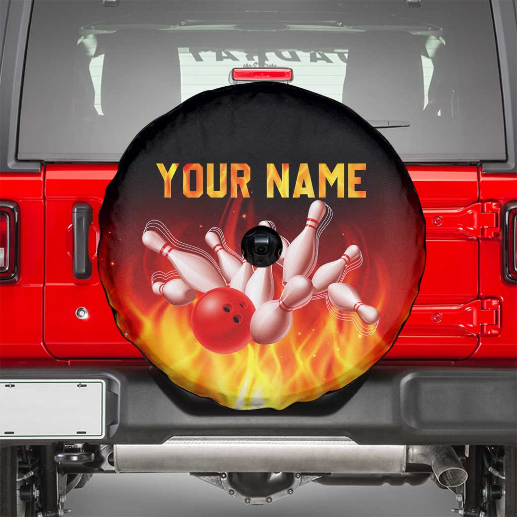 Bowling Ball and Pins Design Spare Tire Cover with Flame Background and Custom Team Name Text - Wonder Print Shop