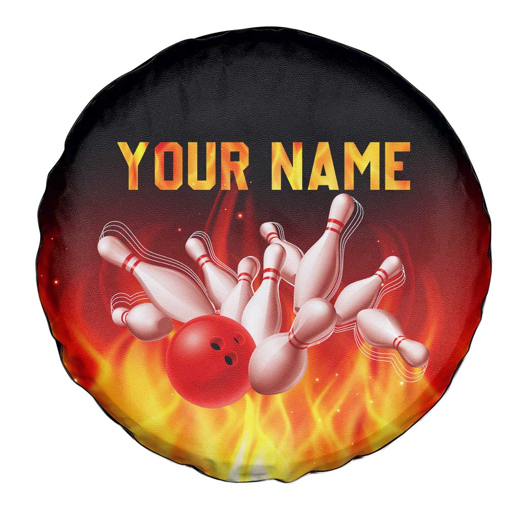 Bowling Ball and Pins Design Spare Tire Cover with Flame Background and Custom Team Name Text - Wonder Print Shop