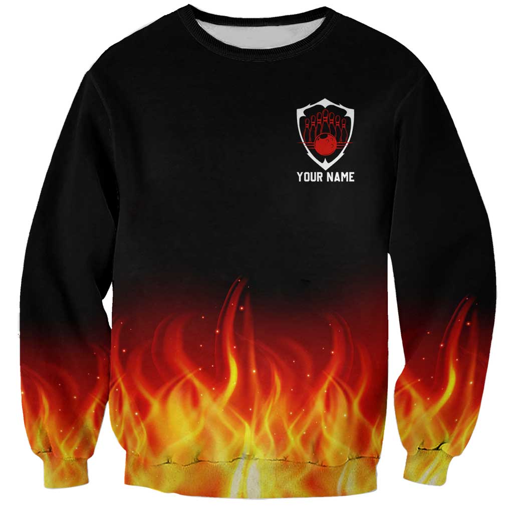 Bowling Ball and Pins Design Sweatshirt with Flame Background and Custom Team Name Text - Wonder Print Shop