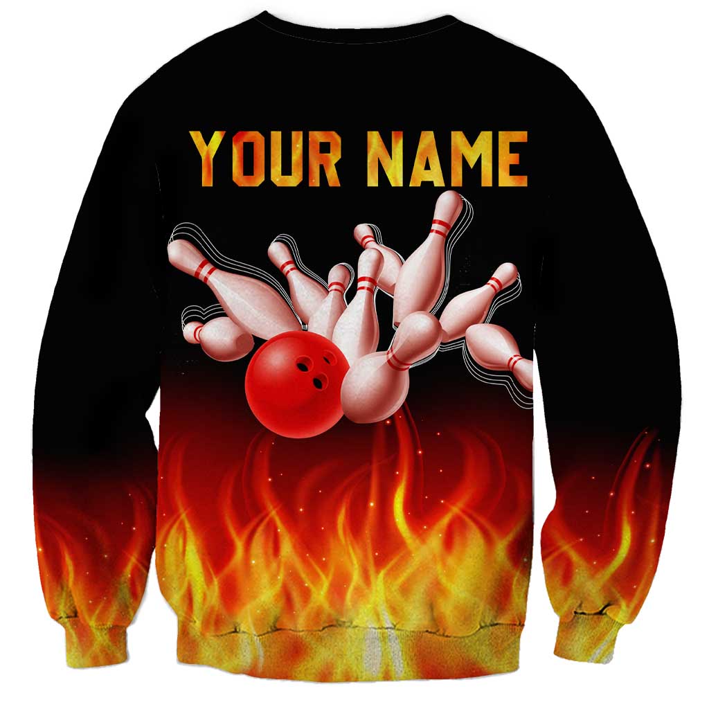 Bowling Ball and Pins Design Sweatshirt with Flame Background and Custom Team Name Text - Wonder Print Shop