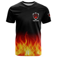 Bowling Ball and Pins Design T Shirt with Flame Background and Custom Team Name Text - Wonder Print Shop