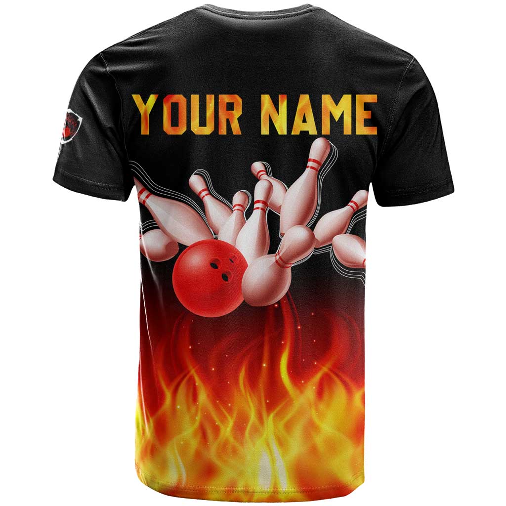Bowling Ball and Pins Design T Shirt with Flame Background and Custom Team Name Text - Wonder Print Shop