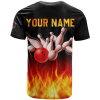 Bowling Ball and Pins Design T Shirt with Flame Background and Custom Team Name Text - Wonder Print Shop