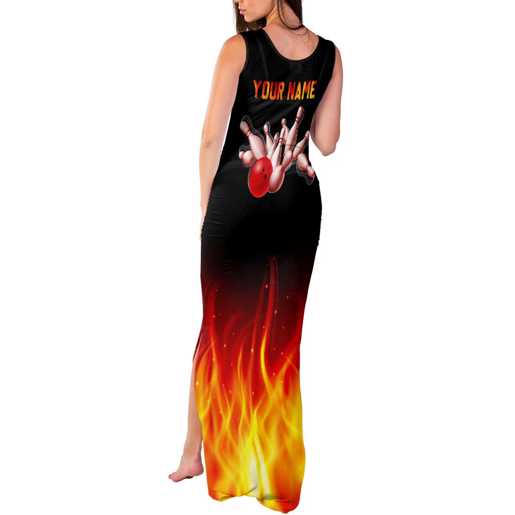 Bowling Ball and Pins Design Tank Maxi Dress with Flame Background and Custom Team Name Text - Wonder Print Shop