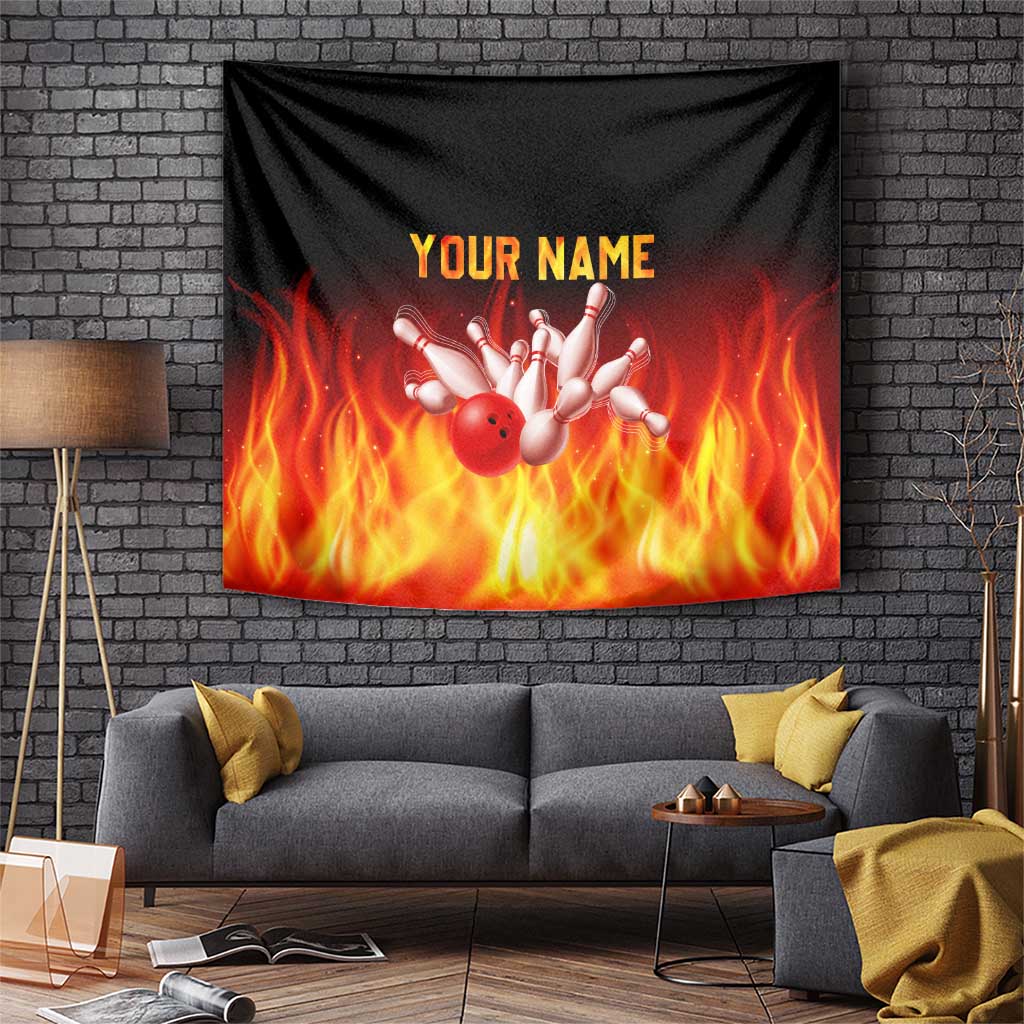 Bowling Ball and Pins Design Tapestry with Flame Background and Custom Team Name Text - Wonder Print Shop