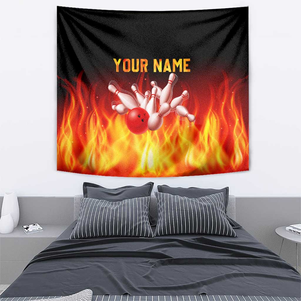 Bowling Ball and Pins Design Tapestry with Flame Background and Custom Team Name Text - Wonder Print Shop