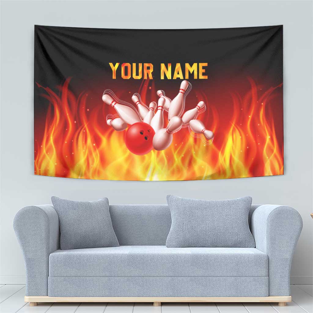 Bowling Ball and Pins Design Tapestry with Flame Background and Custom Team Name Text - Wonder Print Shop