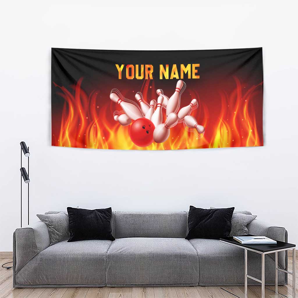 Bowling Ball and Pins Design Tapestry with Flame Background and Custom Team Name Text - Wonder Print Shop