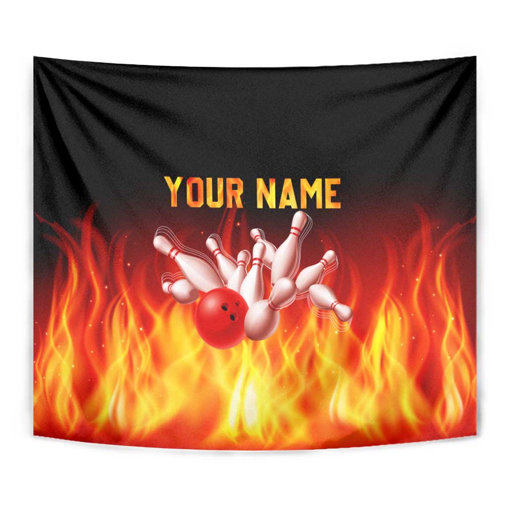 Bowling Ball and Pins Design Tapestry with Flame Background and Custom Team Name Text - Wonder Print Shop