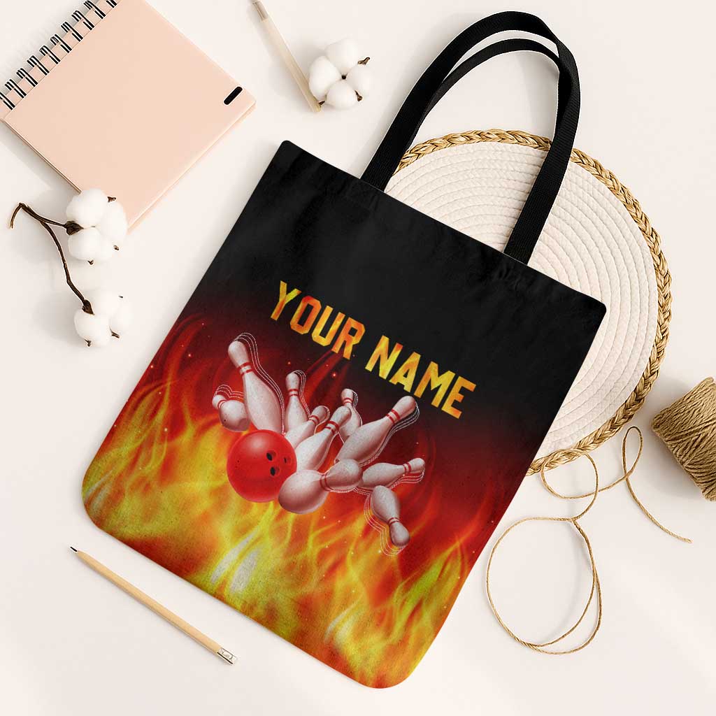 Bowling Ball and Pins Design Tote Bag with Flame Background and Custom Team Name Text - Wonder Print Shop
