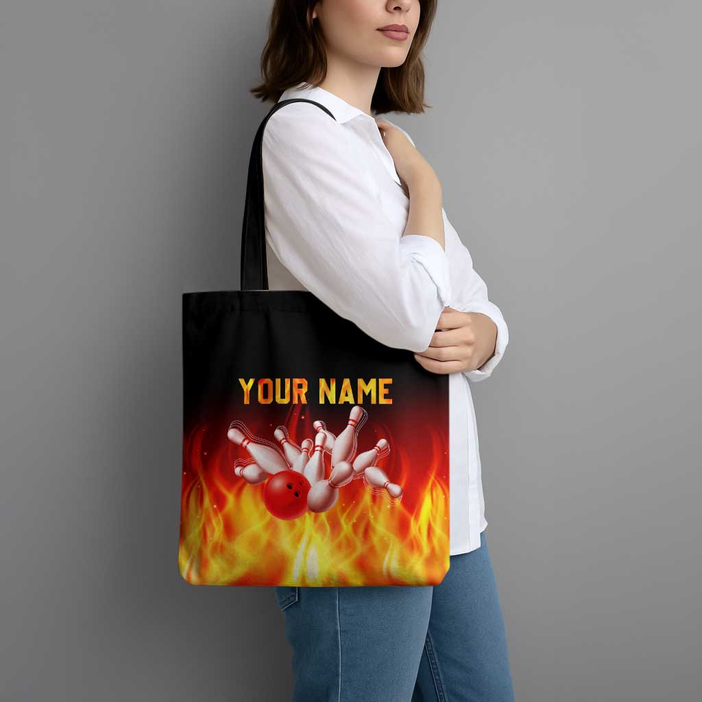 Bowling Ball and Pins Design Tote Bag with Flame Background and Custom Team Name Text - Wonder Print Shop