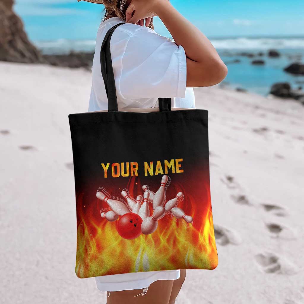 Bowling Ball and Pins Design Tote Bag with Flame Background and Custom Team Name Text - Wonder Print Shop